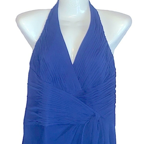 David’s Bridal Deep Blue Gown Size 8 Soft Crinkle Chiffon Halter Draped Cascade - Picture 11 of 13
